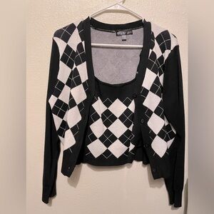 Say What? Brand Black & White Argyle Cardigan Sweater Set, Junior Size L